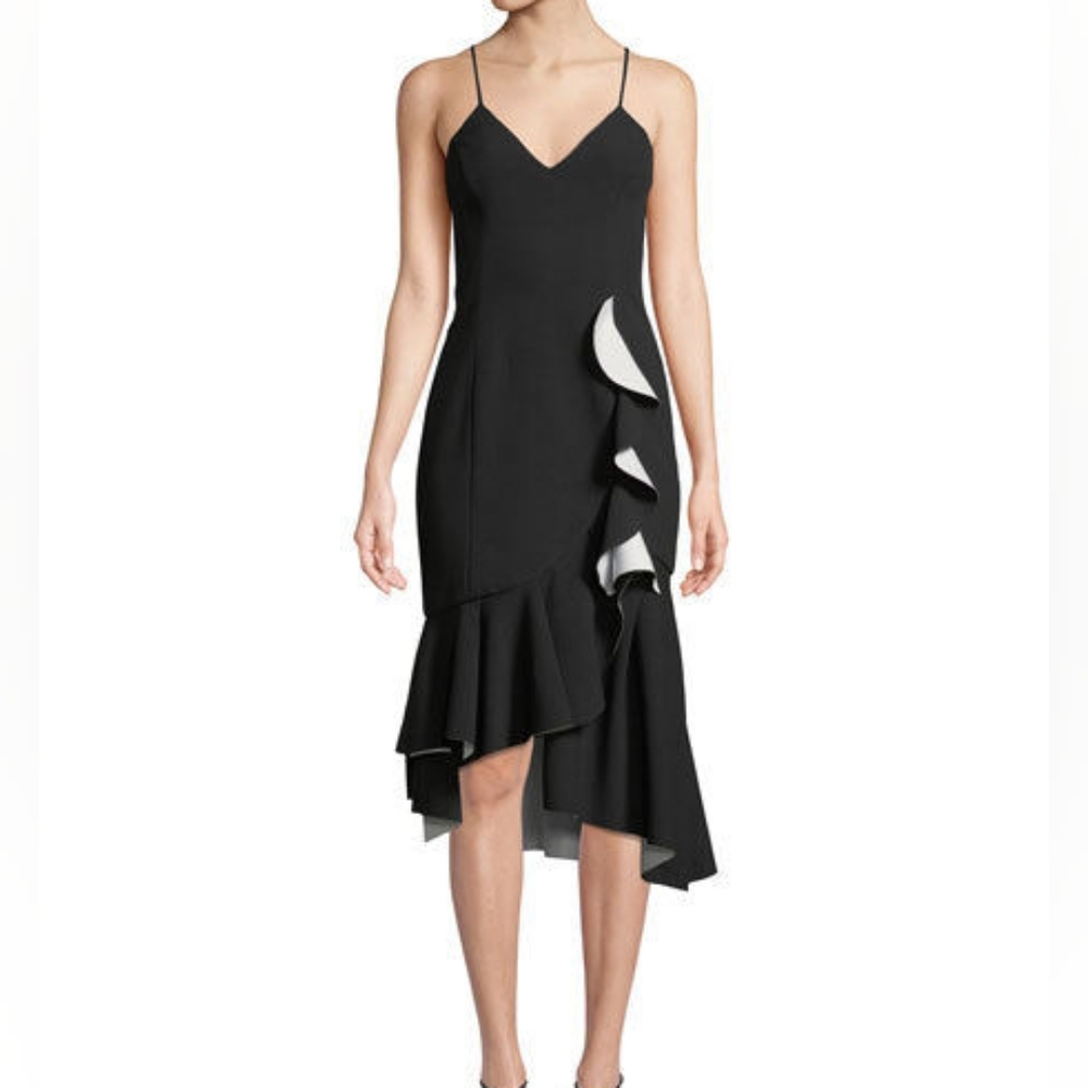 NWT Bardot Kiki Bonded Sheath Dress, Asymmetrical Hem, Cascade Ruffle, Size 10.
